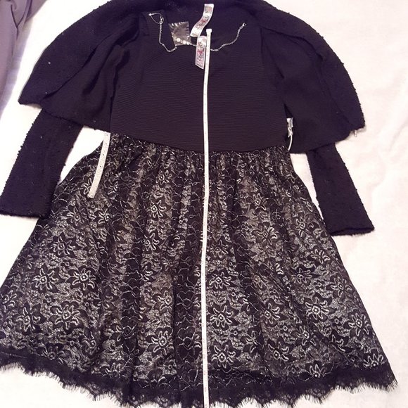 Girls Dress With Lace Skirt, Black Sequin Moto Jacket, Necklace, Belt - Picture 12 of 16